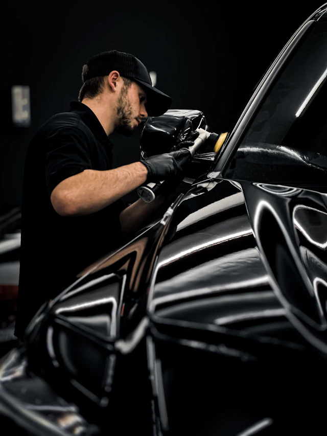 Profissional encerando o carro