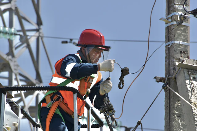 Técnico em cesto aéreo ao lado de poste e torre de energia