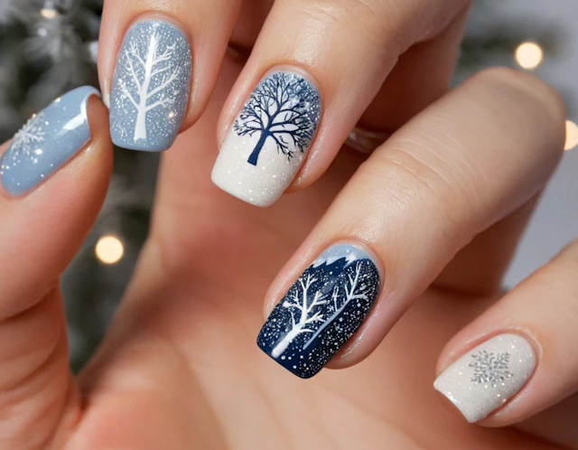 Manicure azul e branca